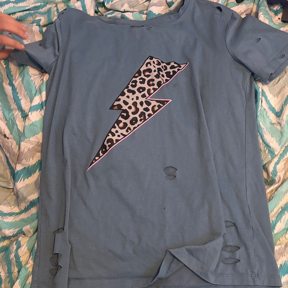 Women's Blue Tee with Leopard Print Lightning Bolt